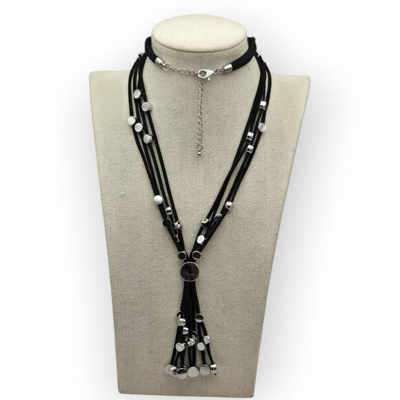 Black Multi Strand Cord Necklace Silver Beaded Tassel Drop Necklace - Picture 2 of 6